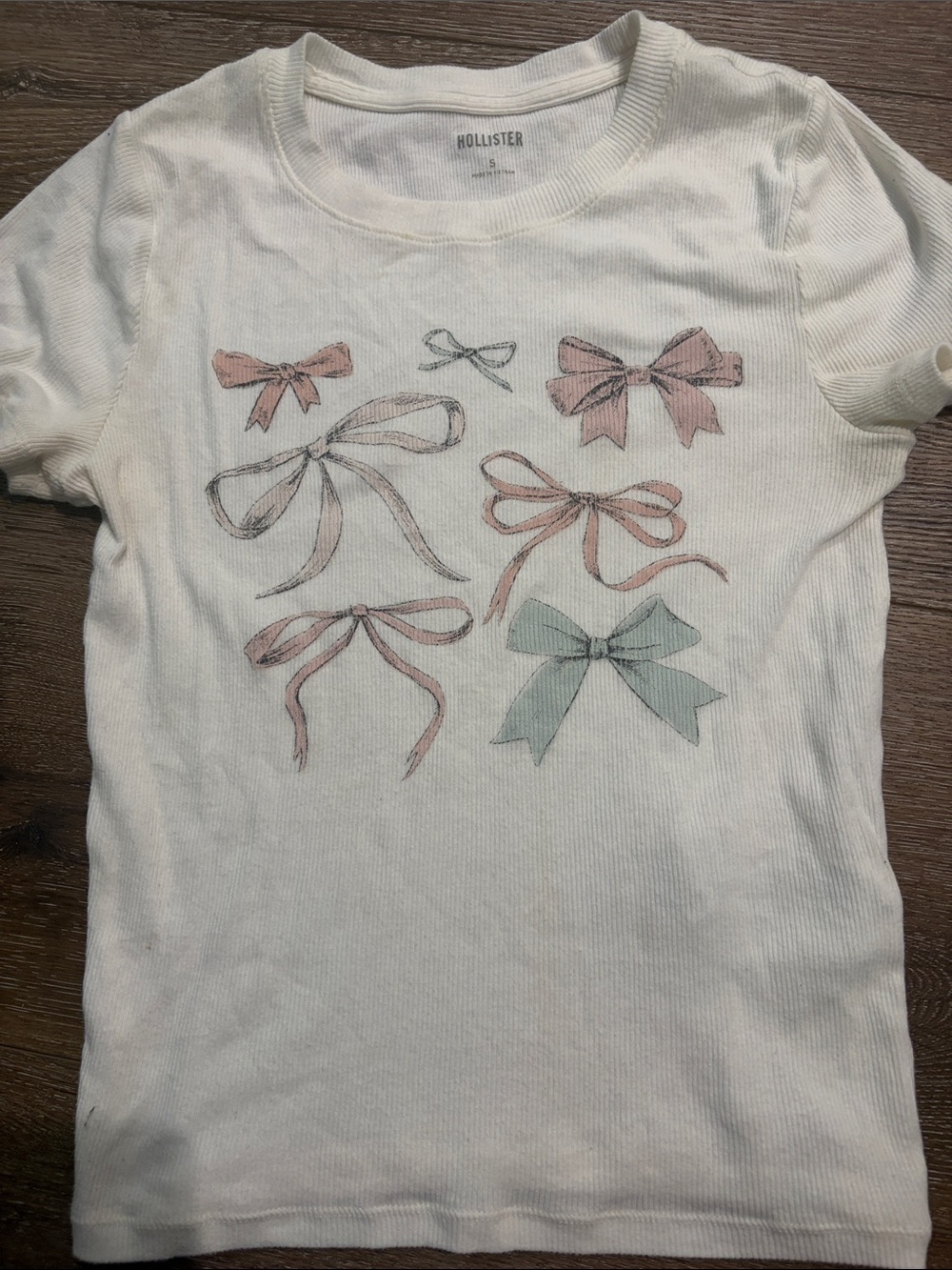 Hollister White Tee with Pink & Mint Bow Graphics
